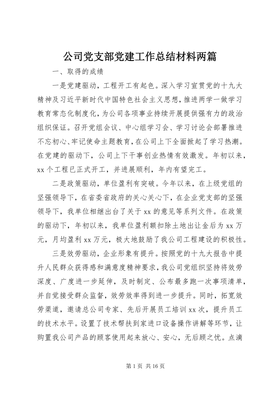 2023年公司党支部党建工作总结材料两篇.docx_第1页