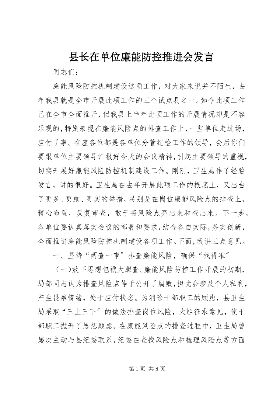 2023年县长在单位廉能防控推进会讲话.docx_第1页