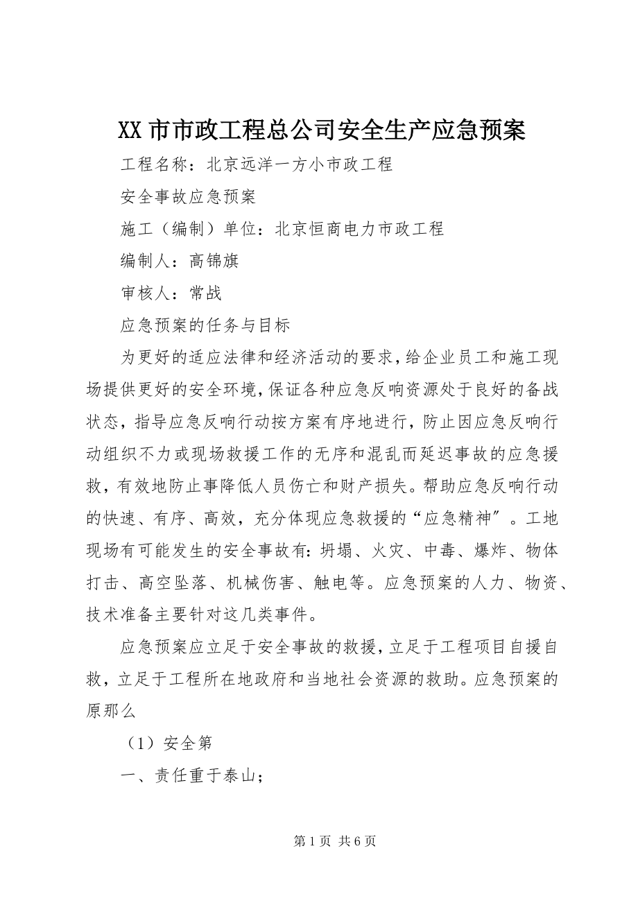 2023年XX市市政工程总公司安全生产应急预案.docx_第1页