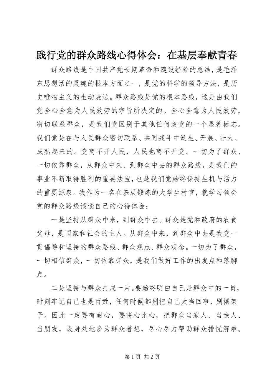 2023年践行党的群众路线心得体会在基层奉献青春.docx_第1页