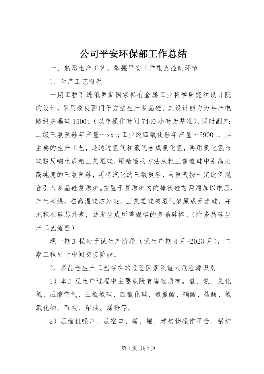 2023年公司安全环保部工作总结.docx_第1页