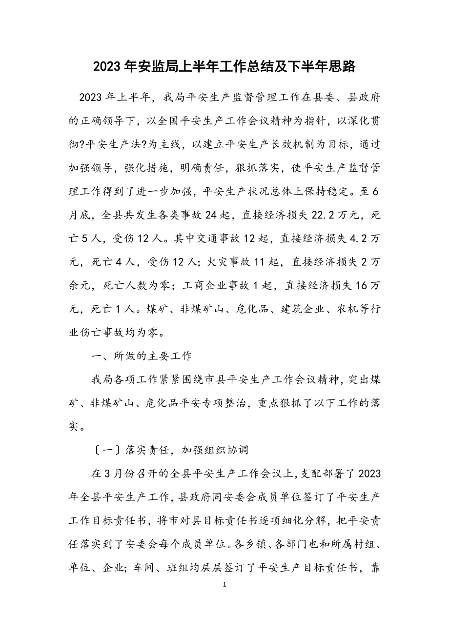 2023年安监局上半年工作总结及下半年思路.docx_第1页