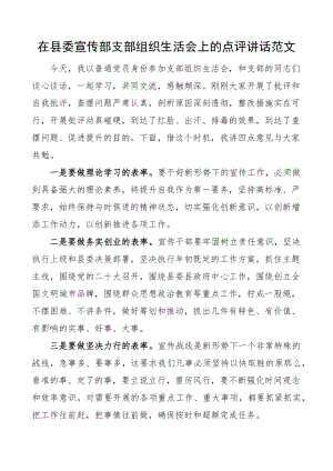 在县委宣传部党支部组织生活会上的总结点评讲话新编范文.docx