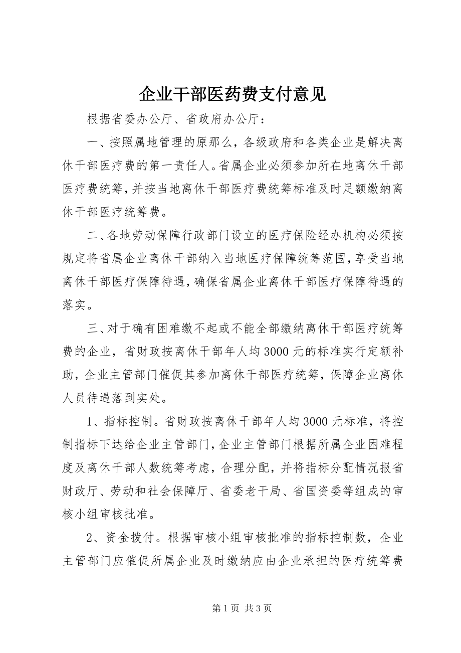 2023年企业干部医药费支付意见.docx_第1页