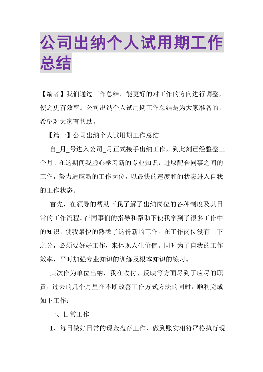 2023年公司出纳个人试用期工作总结.doc_第1页