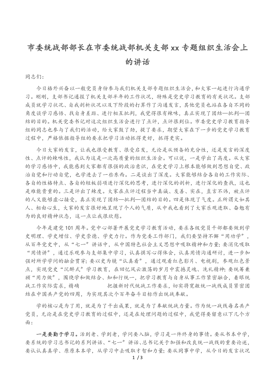 市委统战部部长在2023年市委统战部机关支部XX专题组织生活会上的讲话.doc_第1页