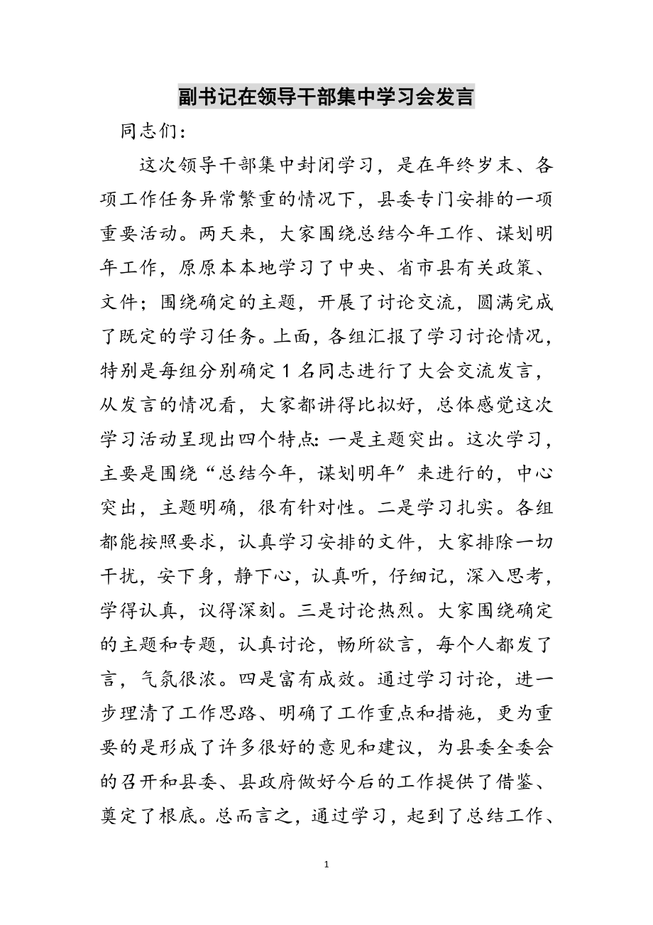 2023年副书记在领导干部集中学习会发言范文.doc_第1页