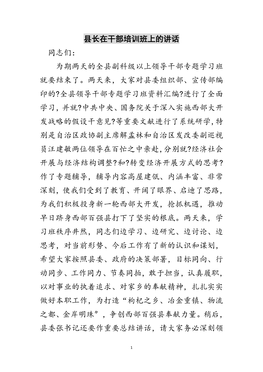 2023年县长在干部培训班上的讲话范文.doc_第1页