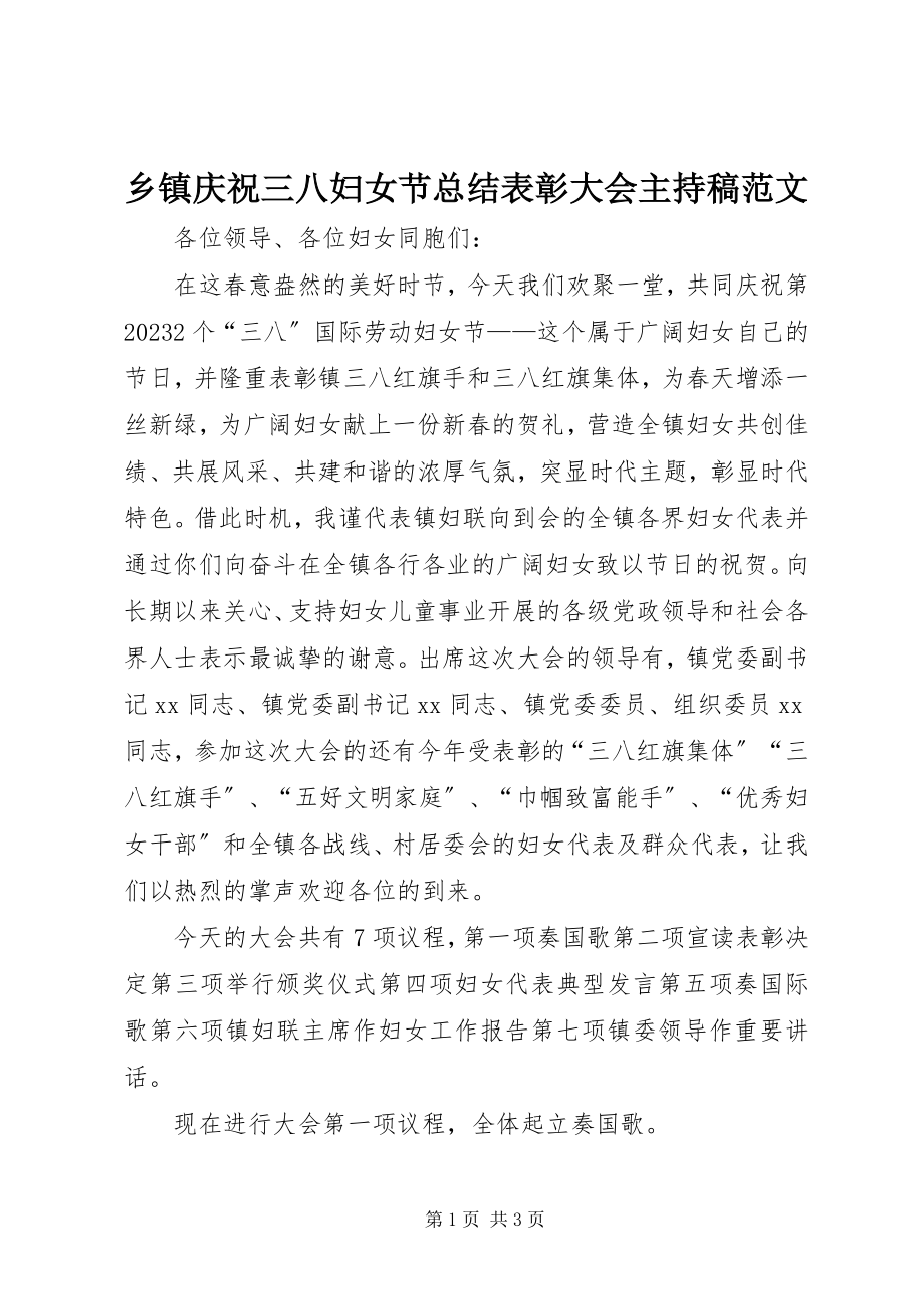 2023年乡镇庆祝三八妇女节总结表彰大会主持稿2.docx_第1页