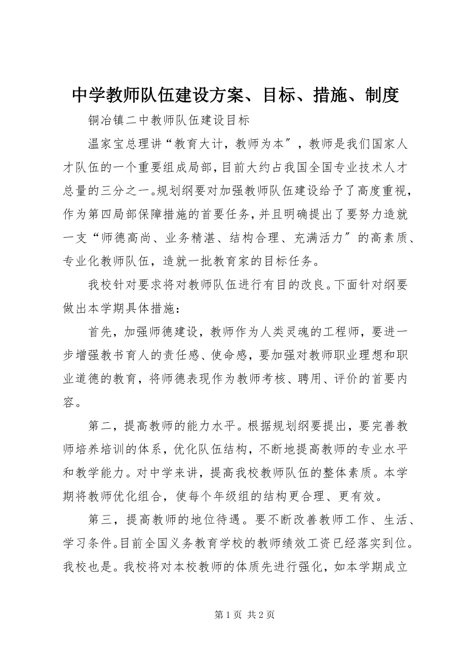 2023年中学教师队伍建设计划目标措施制度.docx_第1页