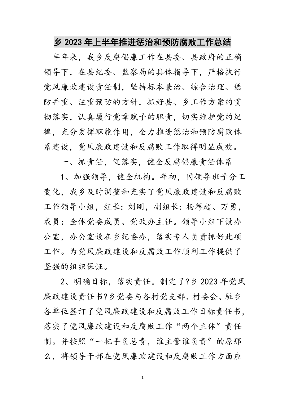 2023年乡年上半年推进惩治和预防腐败工作总结范文.doc_第1页