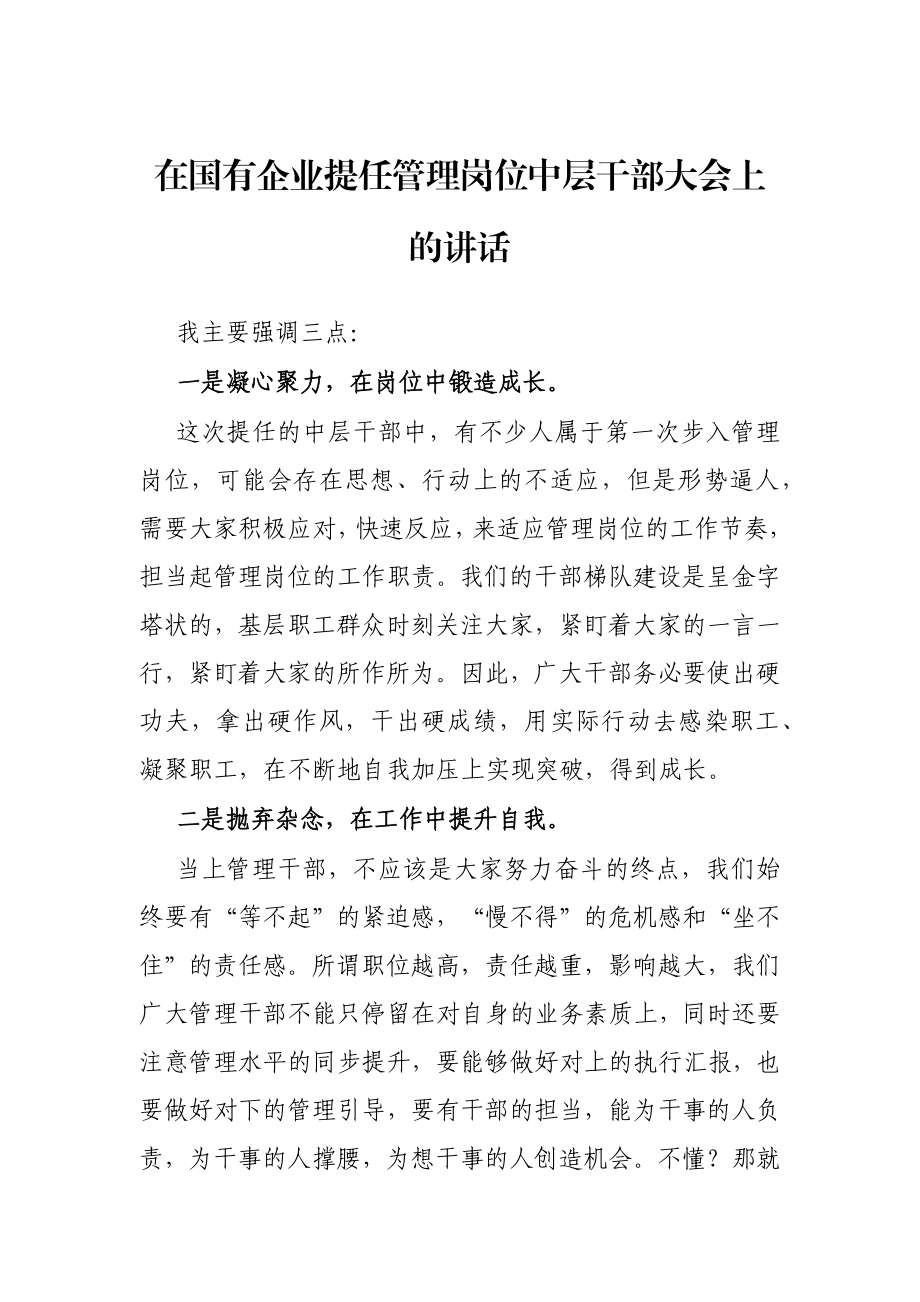 在国有企业提任管理岗位中层干部大会上的讲话.docx_第1页