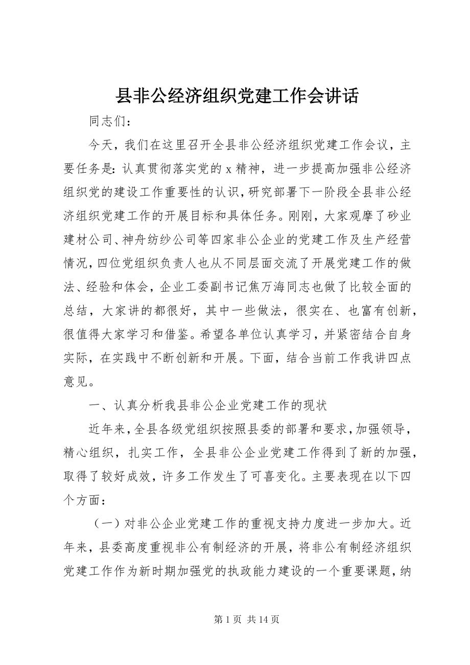 2023年县非公经济组织党建工作会致辞.docx_第1页