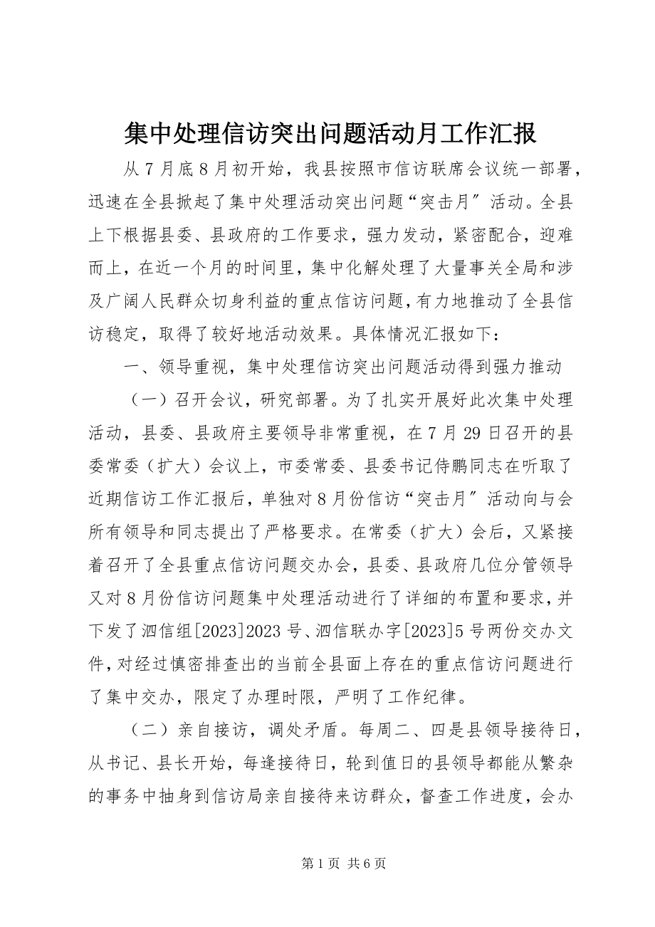 2023年集中处理信访突出问题活动月工作汇报.docx_第1页