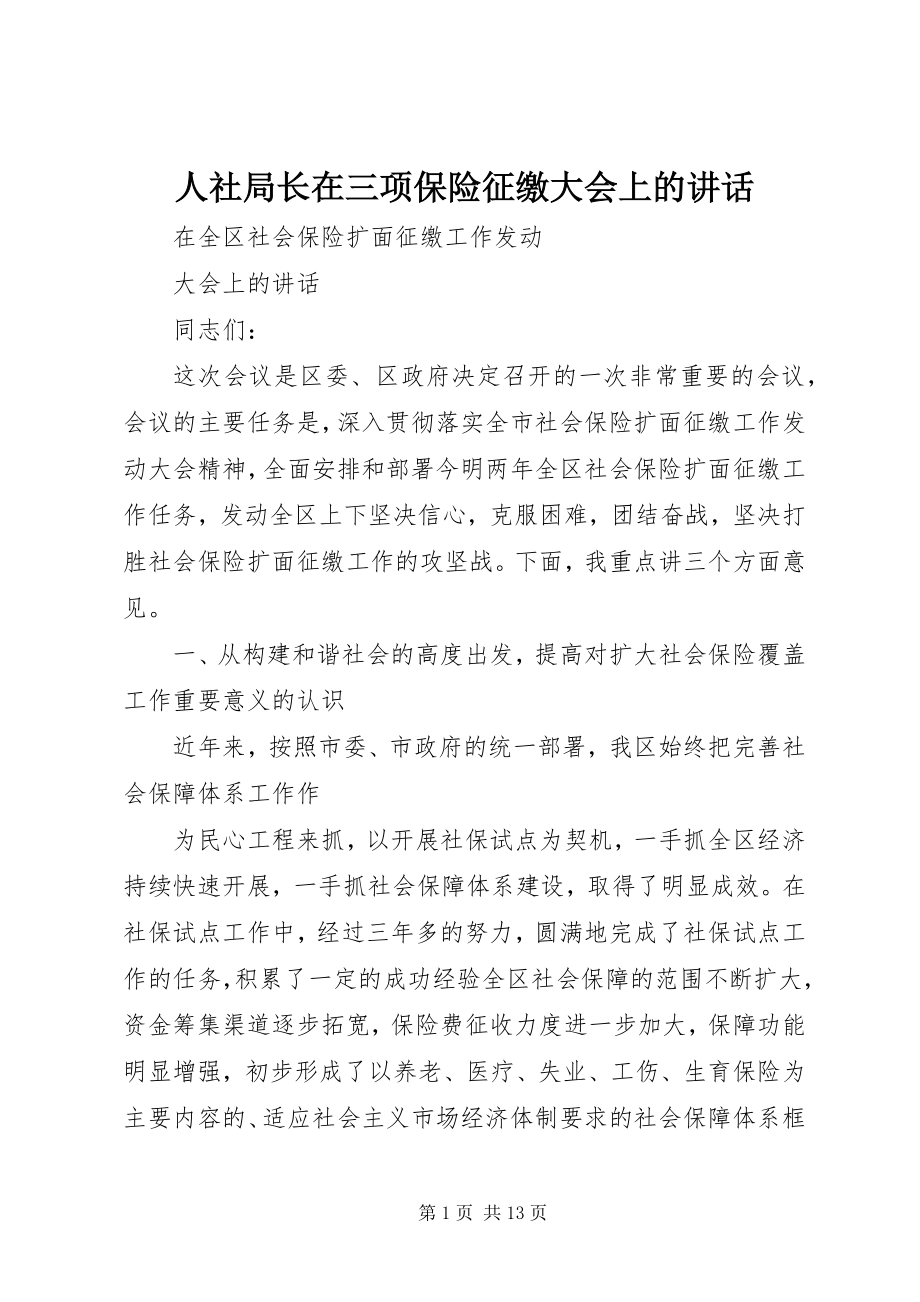 2023年人社局长在三项保险征缴大会上的致辞.docx_第1页