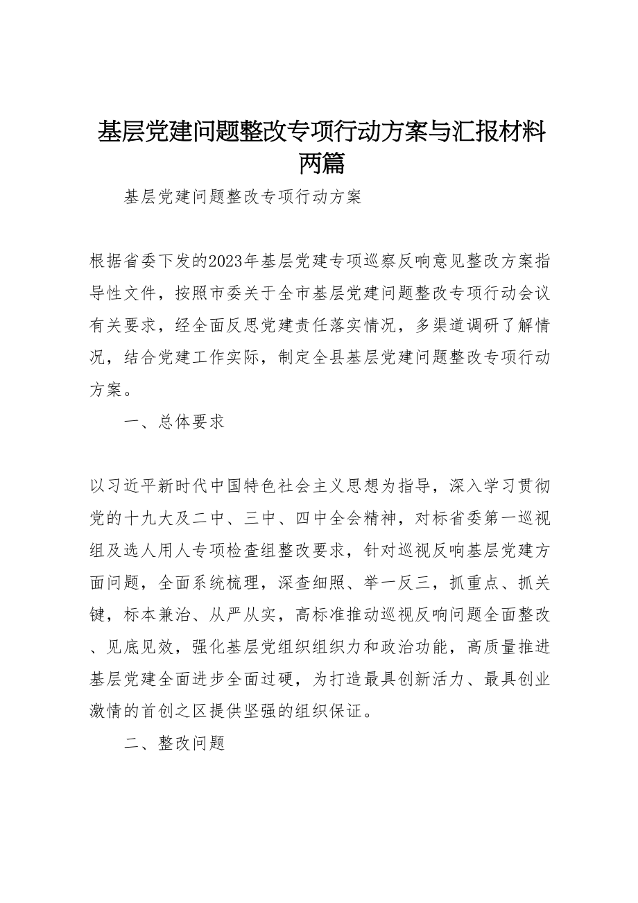 2023年基层党建问题整改专项行动方案与汇报材料两篇.doc_第1页