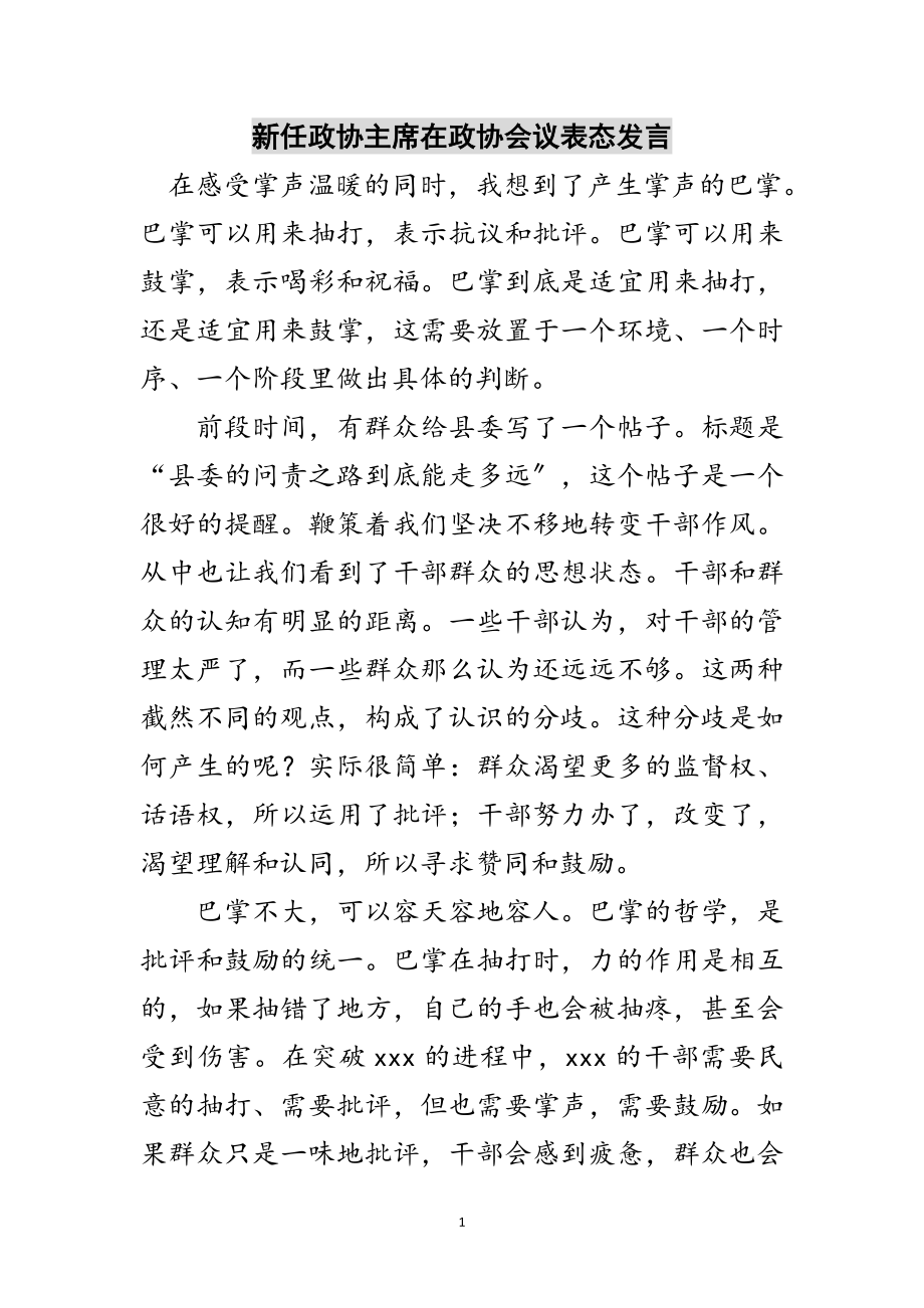 2023年新任政协主席在政协会议表态发言范文.doc_第1页