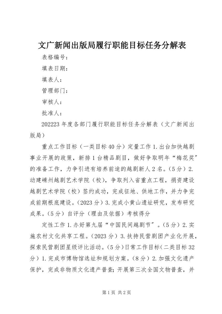 2023年文广新闻出版局履行职能目标任务分解表.docx_第1页