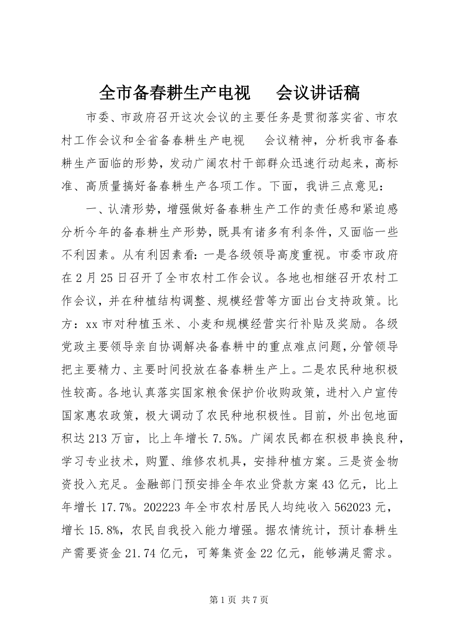 2023年全市备春耕生产电视电话会议致辞稿.docx_第1页