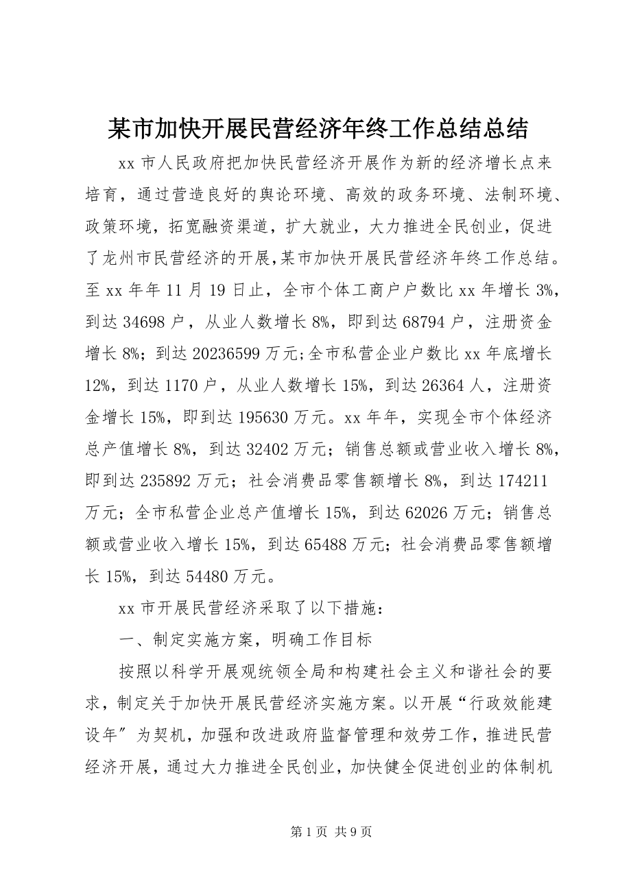 2023年xx市加快发展民营经济年终工作总结总结.docx_第1页