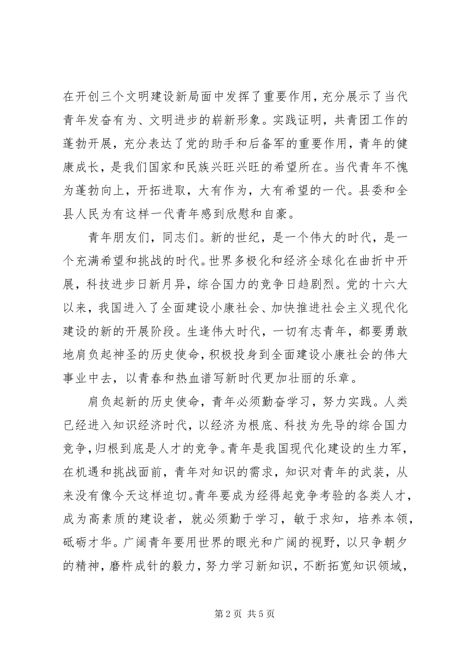 2023年县委副书记在共青团县第X次代表大会上的致词.docx_第2页