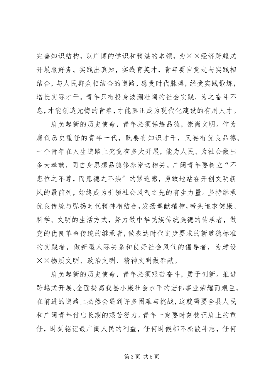 2023年县委副书记在共青团县第X次代表大会上的致词.docx_第3页