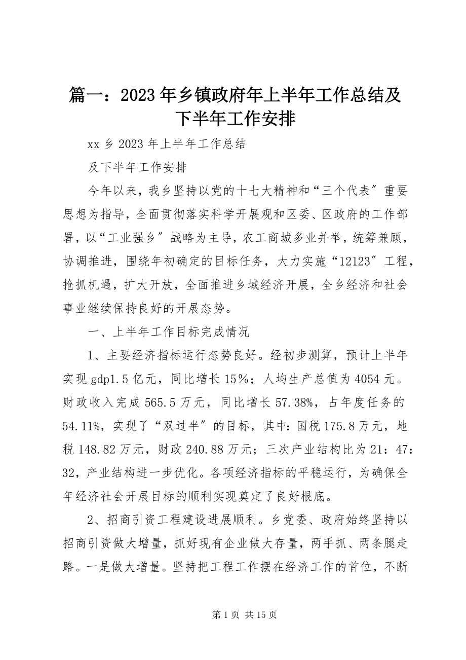 2023年乡镇政府年上半年工作总结及下半年工作安排2.docx_第1页