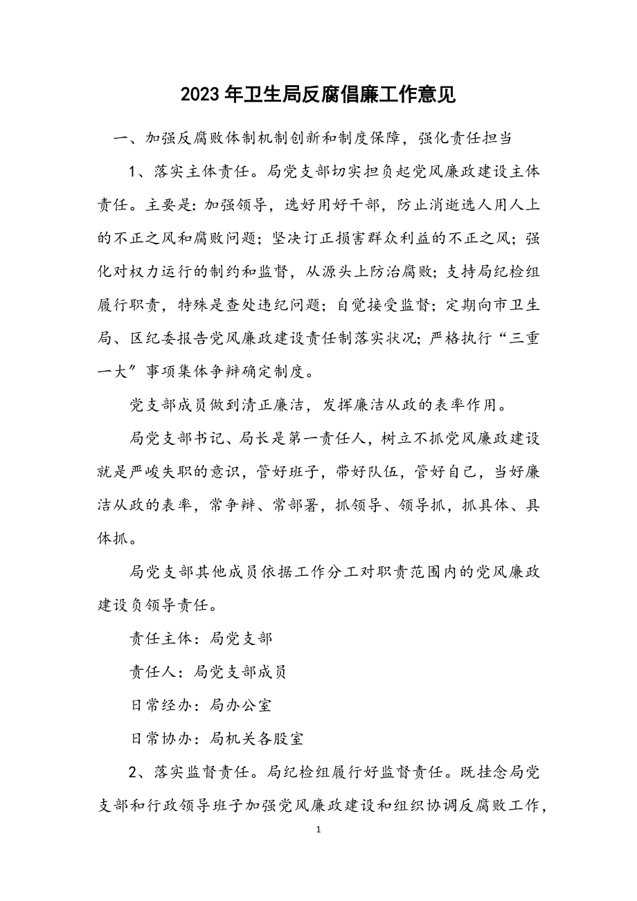 2023年卫生局反腐倡廉工作意见.docx_第1页