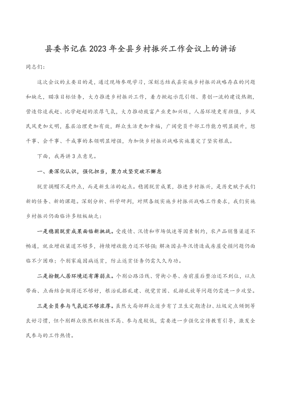 县委书记在2023年全县乡村振兴工作会议上的讲话.docx_第1页