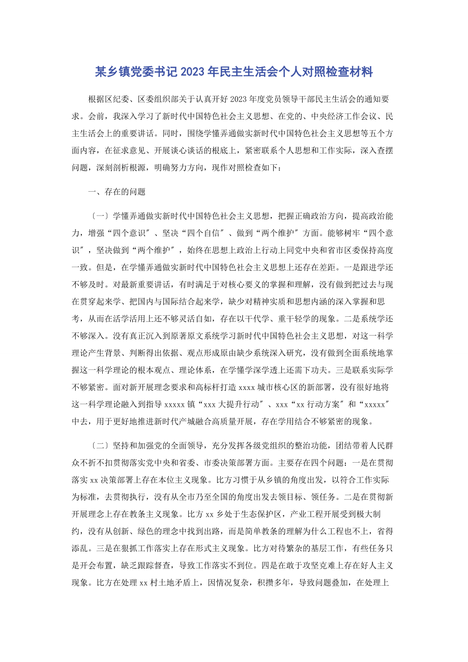 2023年x乡镇党委书记民主生活会个人对照检查材料.docx_第1页