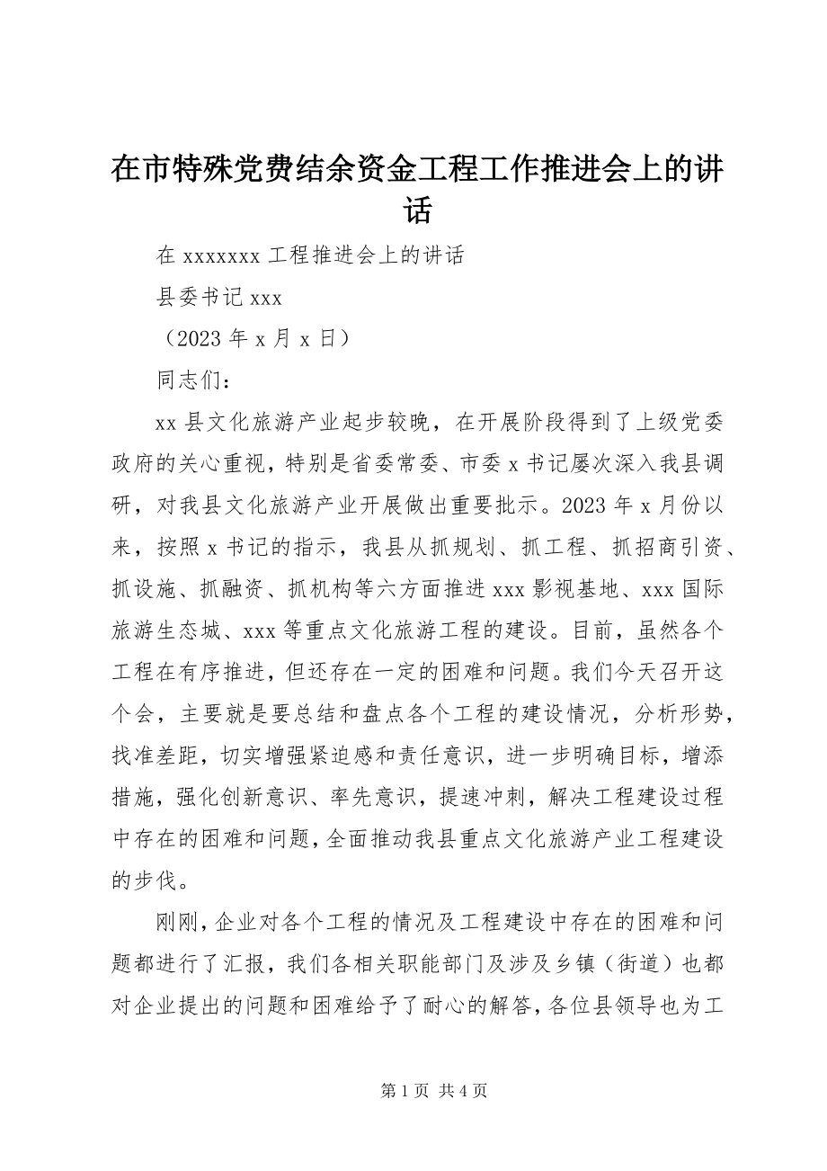 2023年在市特殊党费结余资金项目工作推进会上的致辞.docx_第1页