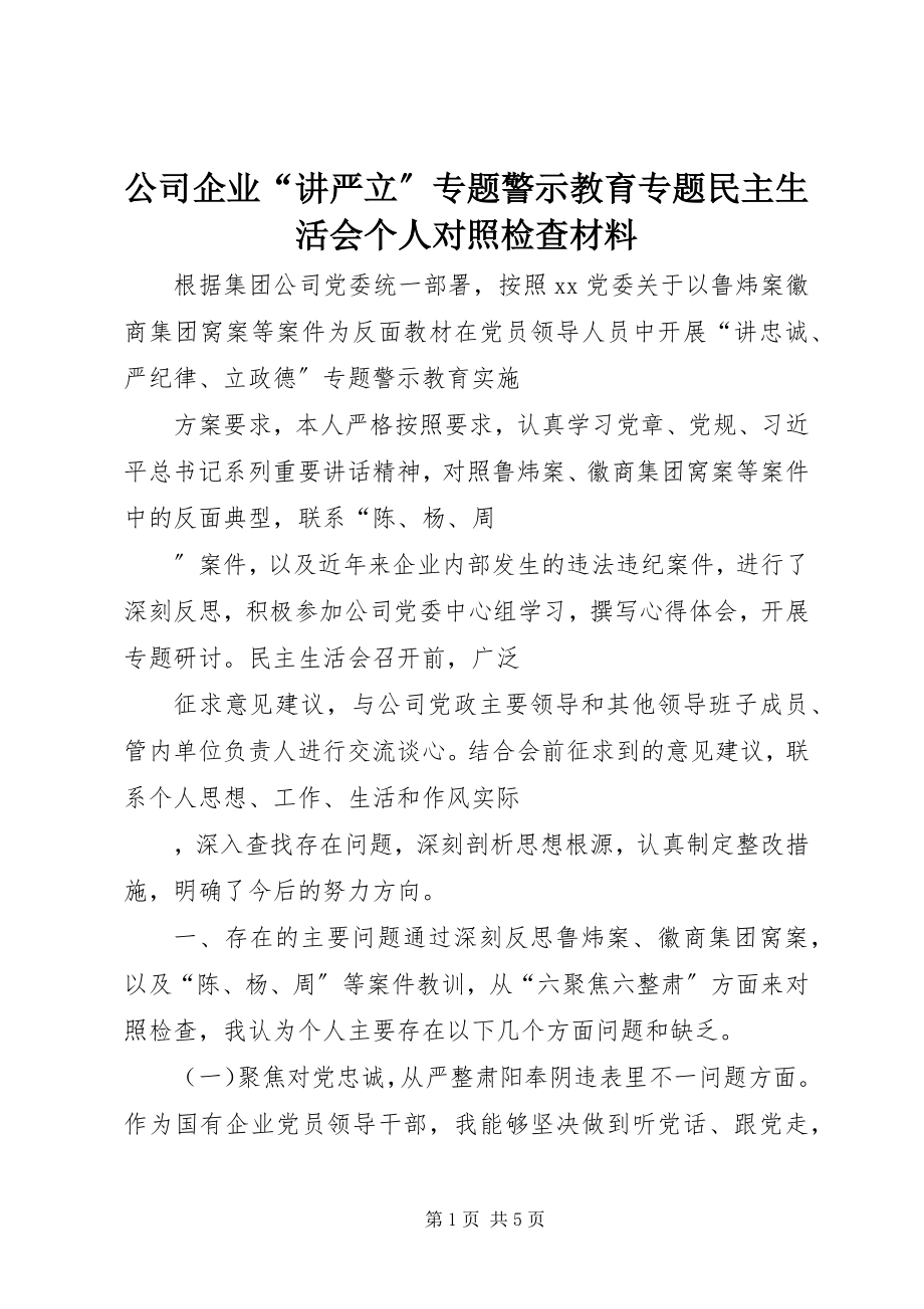 2023年公司企业“讲严立”专题警示教育专题民主生活会个人对照检查材料.docx_第1页