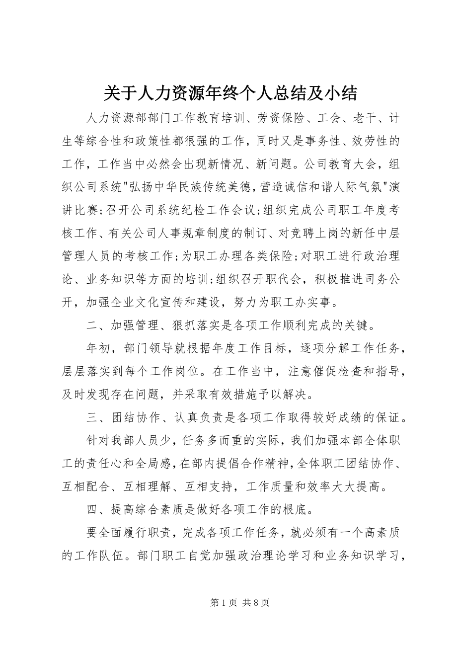 2023年人力资源终个人总结及小结.docx_第1页