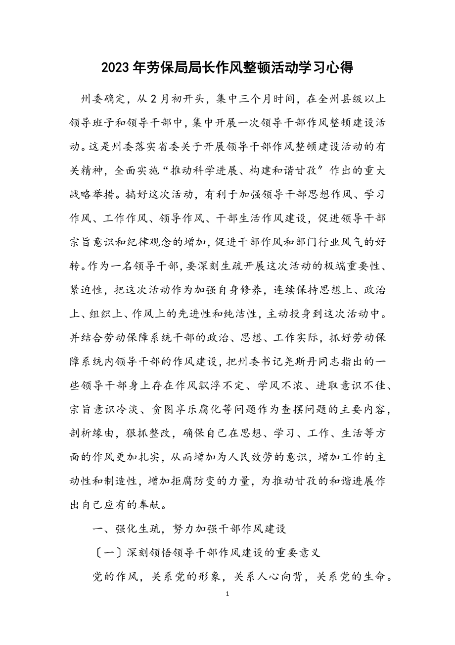 2023年劳保局局长作风整顿活动学习心得.docx_第1页