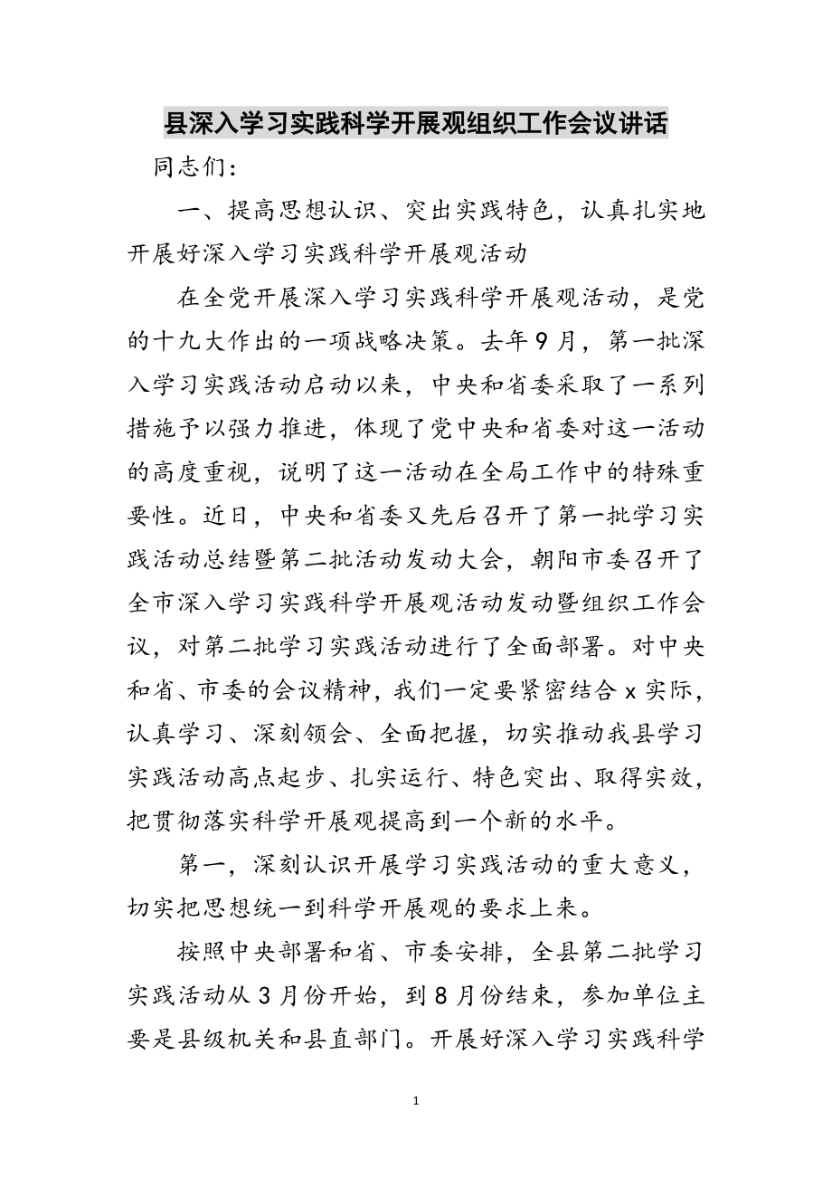 2023年县深入学习实践科学发展观组织工作会议讲话范文.doc_第1页