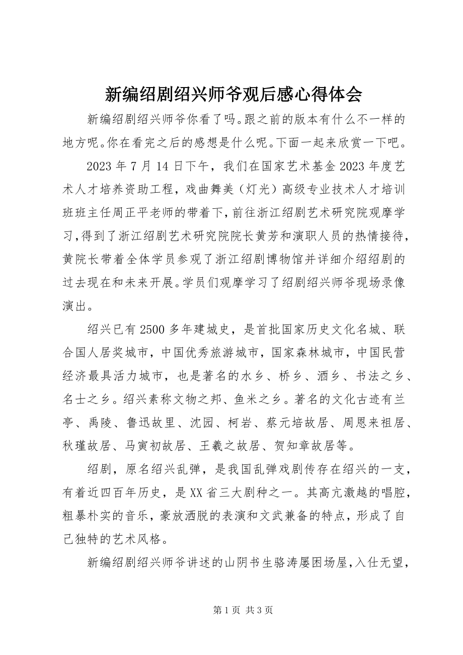 2023年新编绍剧《绍兴师爷》观后感心得体会.docx_第1页