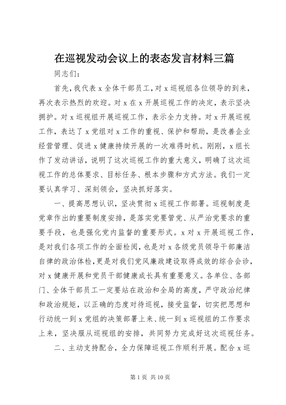 2023年在巡视动员会议上的表态讲话材料三篇.docx_第1页