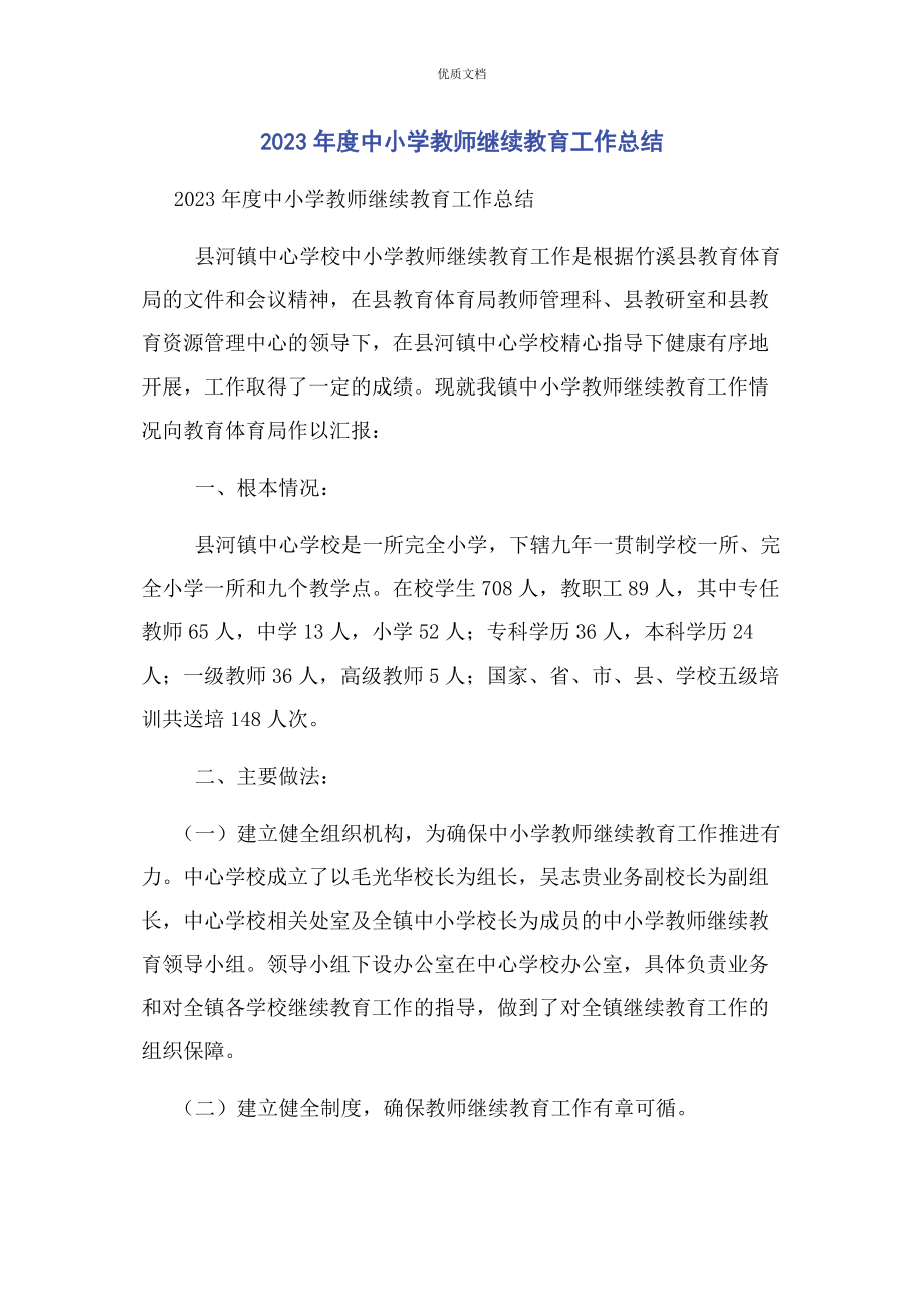 2023年度中小学教师继续教育工作总结.docx_第1页