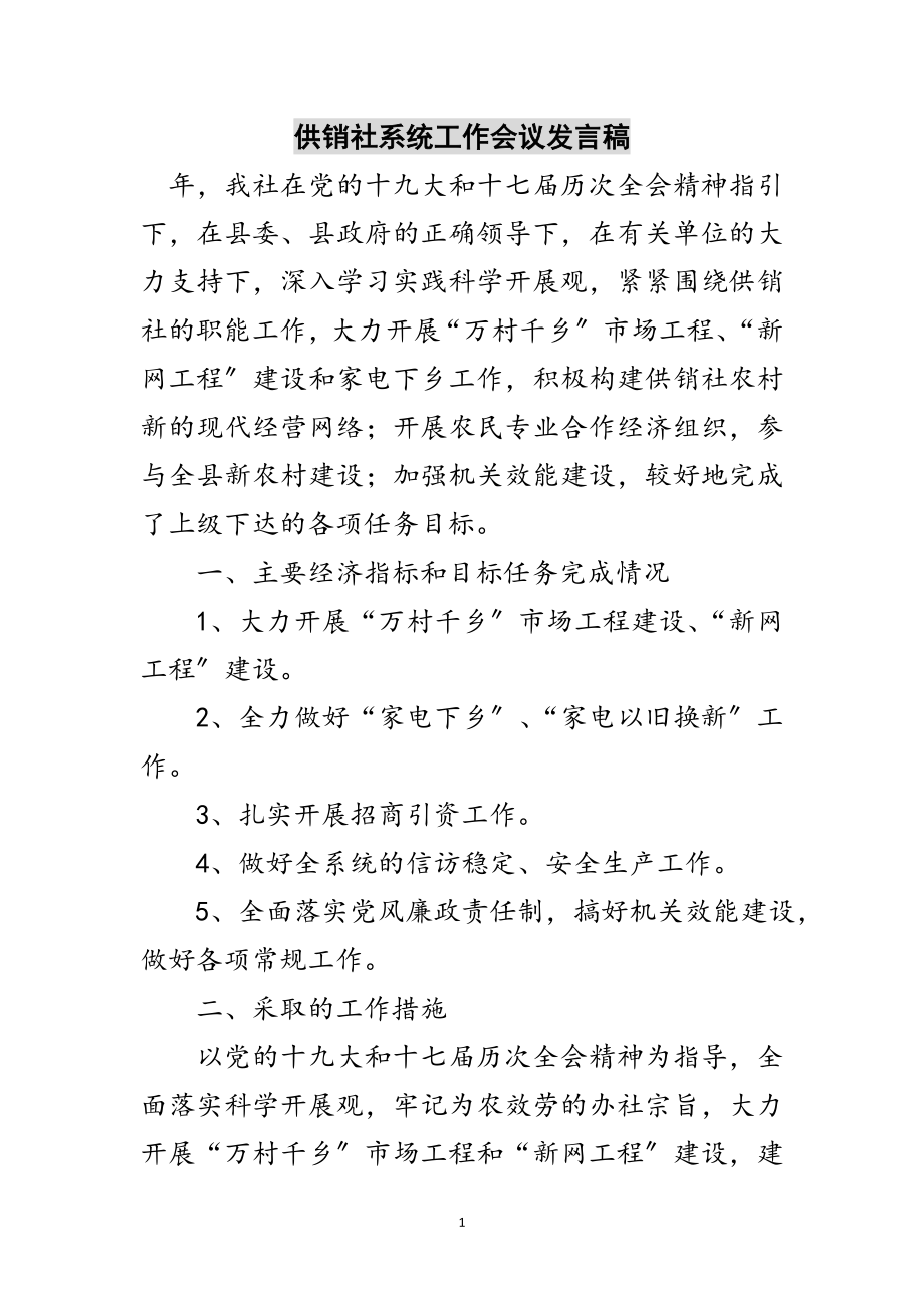 2023年供销社系统工作会议发言稿范文.doc_第1页