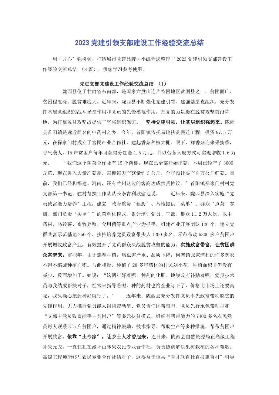 2023年党建引领支部建设工作经验交流总结.docx_第1页