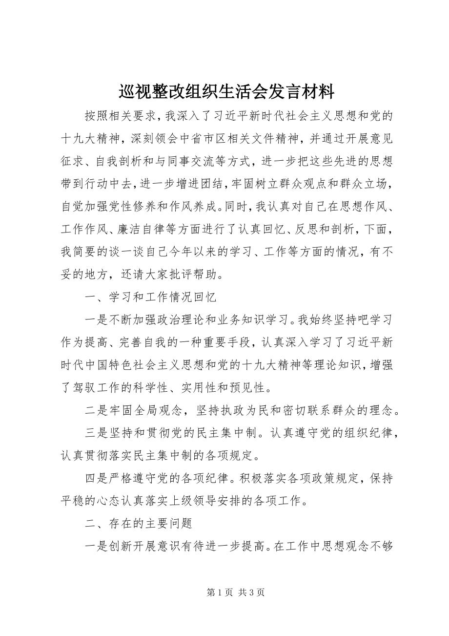 2023年巡视整改组织生活会讲话材料.docx_第1页