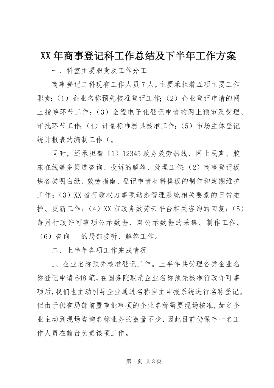 2023年商事登记科工作总结及下半工作计划.docx_第1页