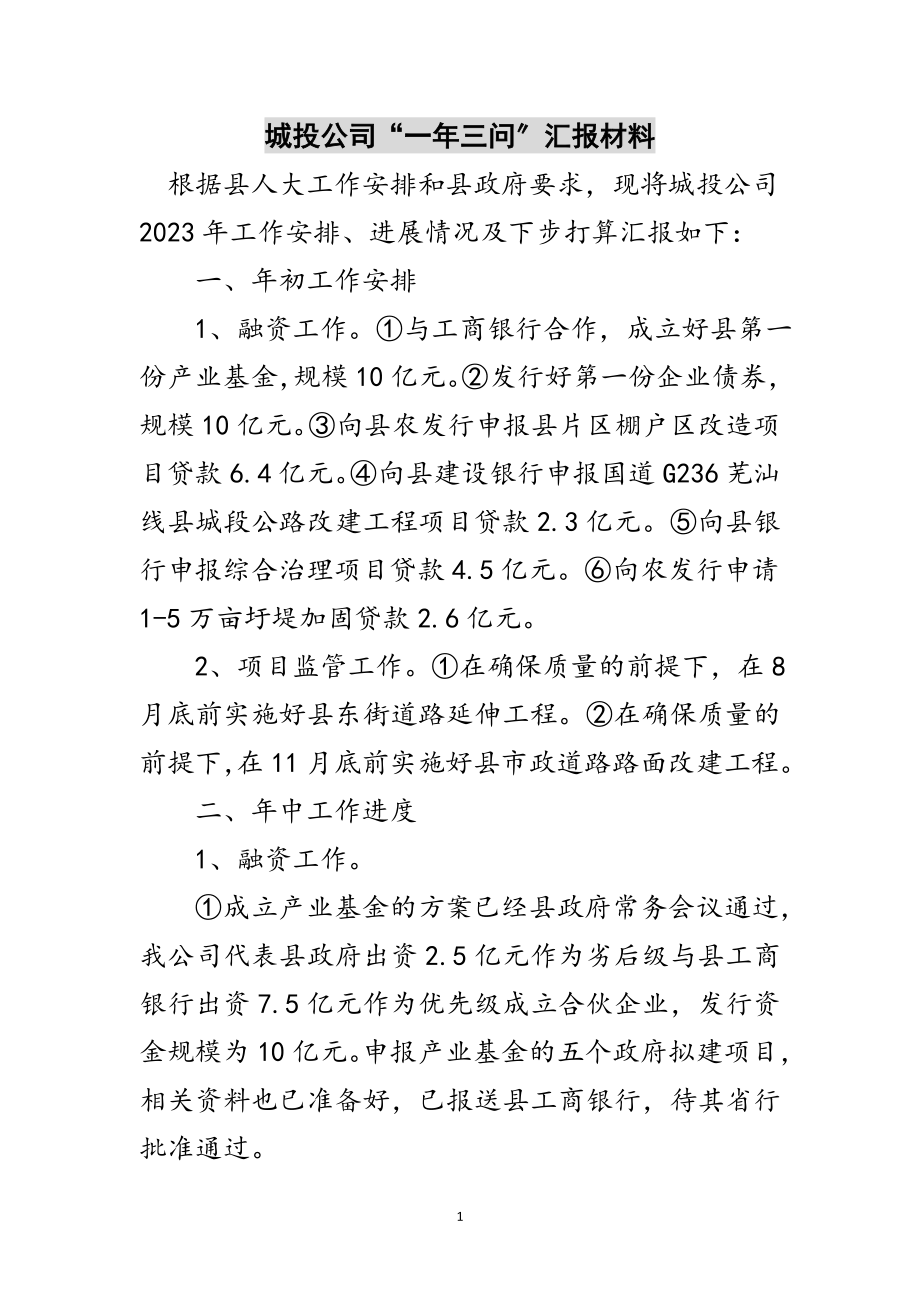 2023年城投公司“一年三问”汇报材料范文.doc_第1页