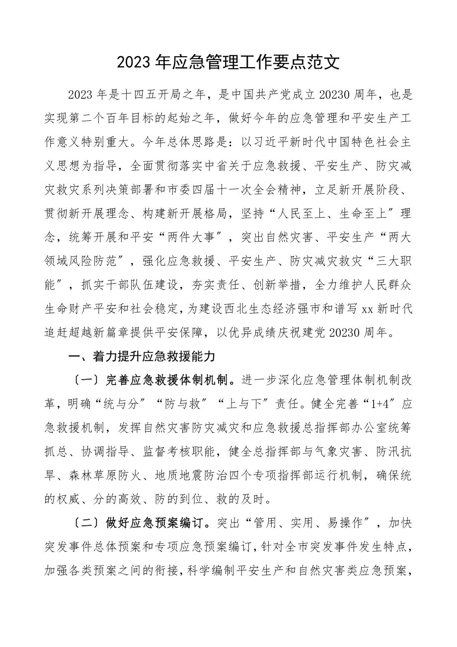 2023年应急管理工作要点应急管理局安全生产工作计划安排思路.doc_第1页