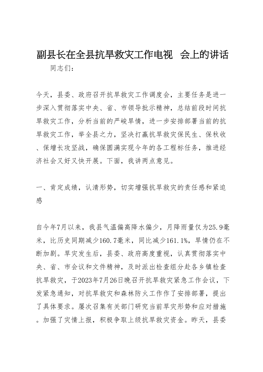 2023年副县长在全县抗旱救灾工作电视电话会上的致辞.doc_第1页