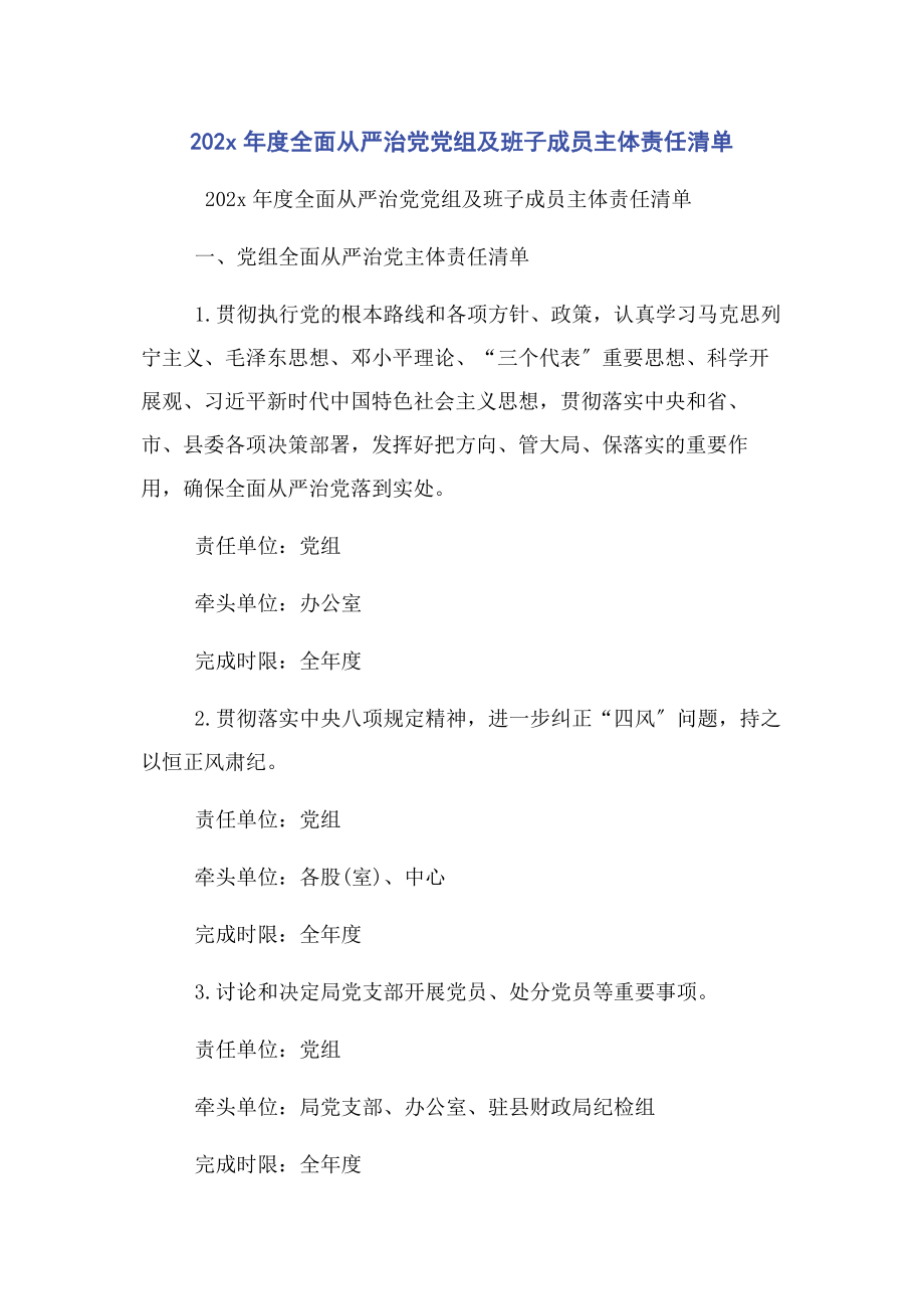 2023年度全面从严治党党组及班子成员主体责任清单.docx_第1页