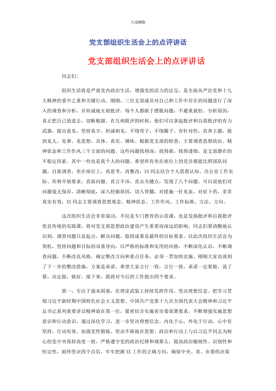 2023年党支部组织生活会上的点评讲话2.docx_第1页