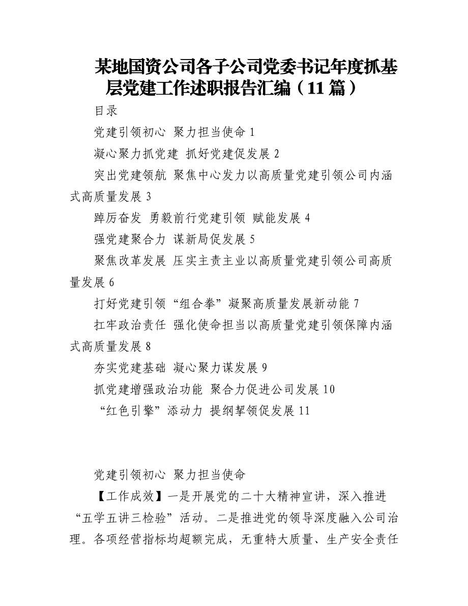 2023年(11篇)某地国资公司各子公司党委书记年度抓基层党建工作述职报告汇编.docx_第1页