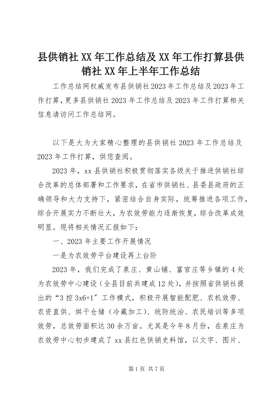 2023年县供销社工作总结及工作打算县供销社上半年工作总结.docx_第1页