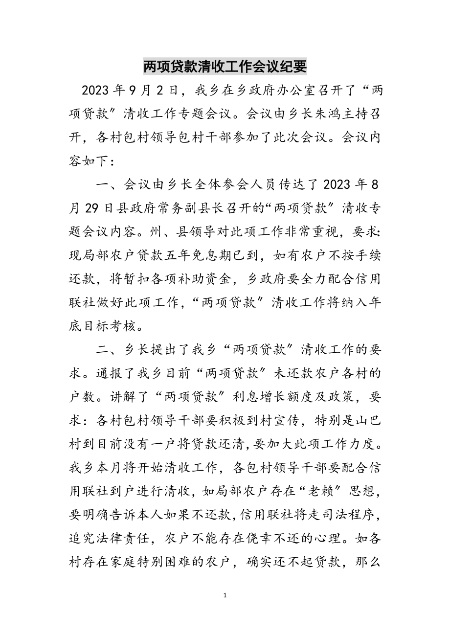 2023年两项贷款清收工作会议纪要范文.doc_第1页